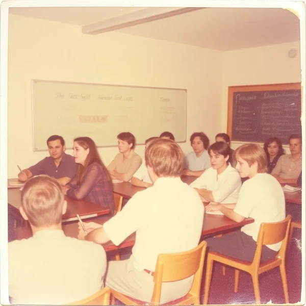 Old photograph of a class in the 70s, bleached scratched damaged polaroid